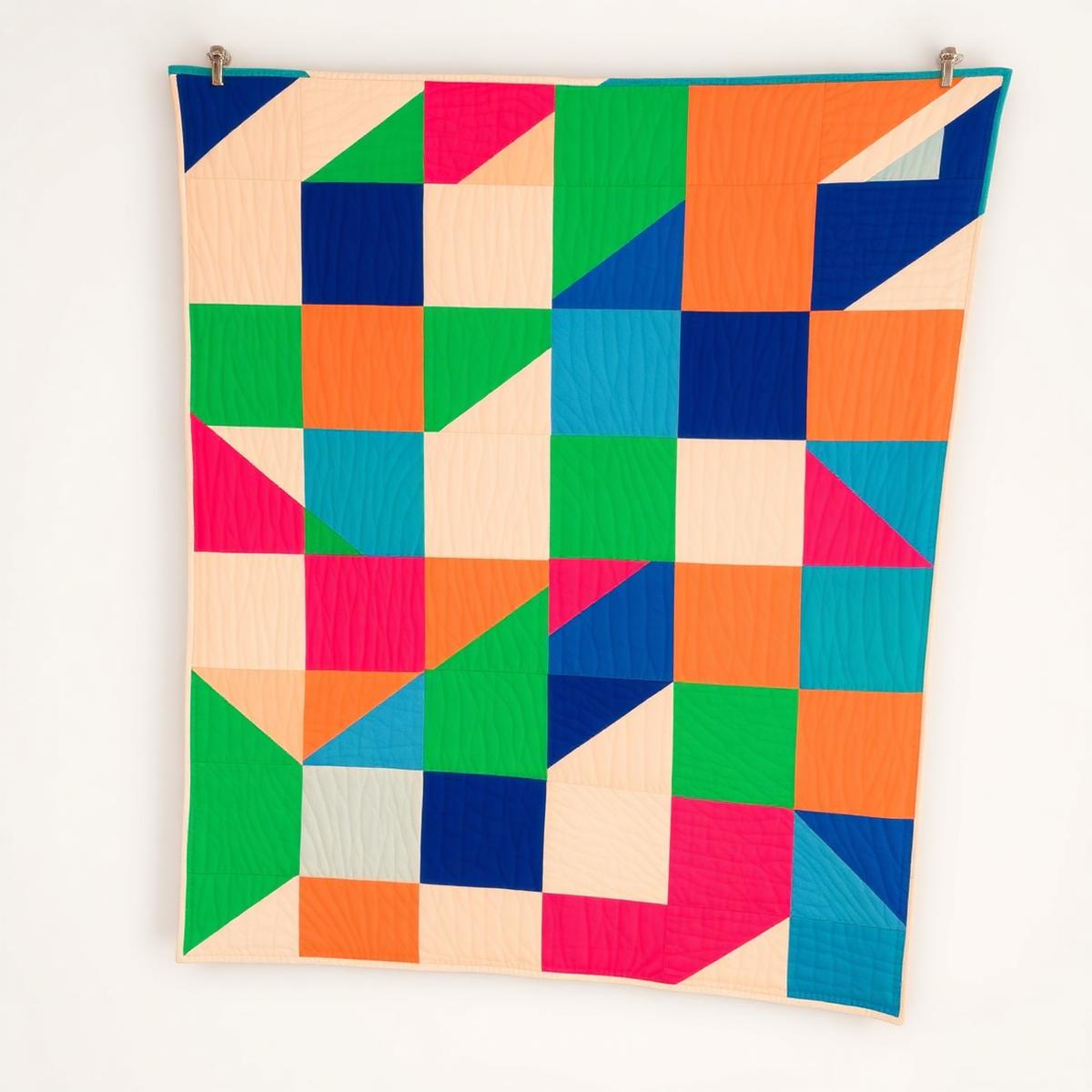 Bold modern geometric quilt with neon coral, emerald and indigo blocks